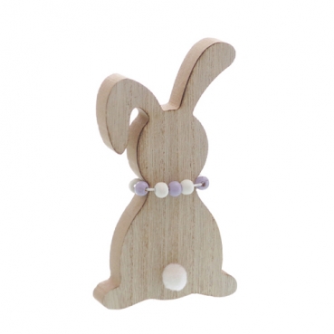 Kleiner Holz Osterhase mit Puschelschwanz & Halskette, 14,5 cm