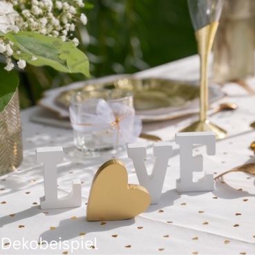Dekobeispiel mit dem Holz Aufsteller Buchstaben/Herz -Love- in Weiß/Gold.