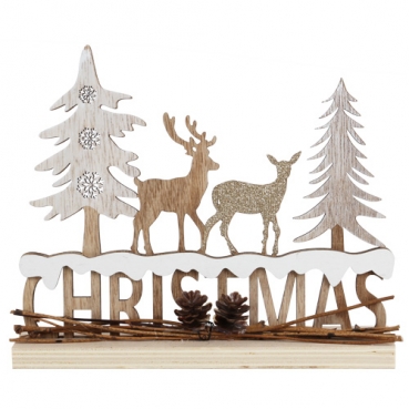 Deko Holz Winterlandschaft mit Hirsch und Reh in Hellbraun/Weiß, 20 cm