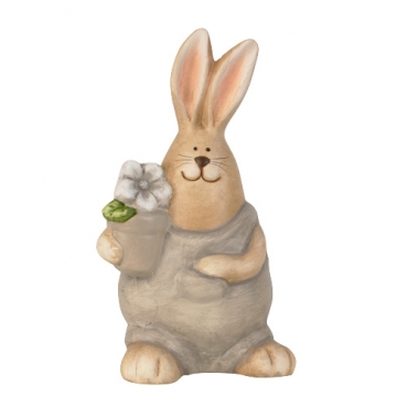Keramik Osterhase mit Blume in Braun/Grau, 14,5 cm