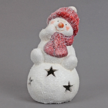 Keramik Schneemann sitzend auf Schneeball mit LED Beleuchtung, 14,5 cm