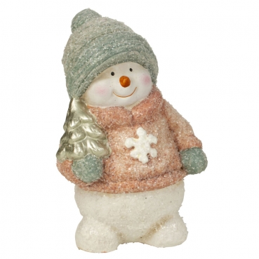 Keramik Schneemann mit Tannenbaum, in Lachsrosa/Eukalyptus, 15 cm