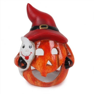 Keramik Windlicht Halloween Kürbis mit Gespenst, 12 cm