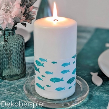 Stumpenkerze Kommunion, Konfirmation, Fische Design in Mint/Petrol, 130 x 70 mm