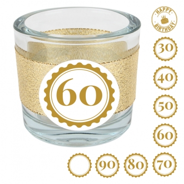 Kerzenglas Geburtstag, Glitzerband in Gold mit auswählbarer Jahreszahl, 80 mm
