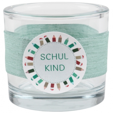 Kerzenglas Einschulung, Schulkind in Eukalyptus, Schiftzug in Grün, 80 mm