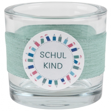 Kerzenglas Einschulung, Schulkind in Eukalyptus, Schiftzug in Petrol, 80 mm