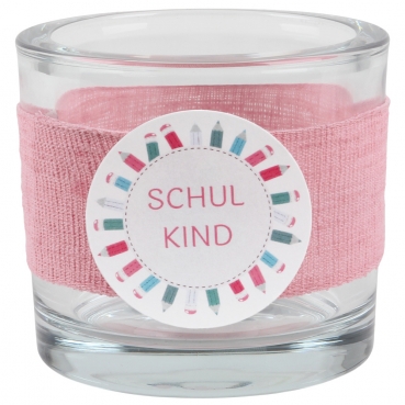 Kerzenglas Einschulung, Schulkind in Rosa, Schiftzug in Rosa, 80 mm