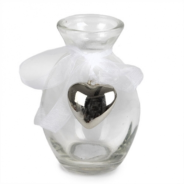 Glas Väschen Oval mit Herzanhänger und Organzaschleife, 10 cm