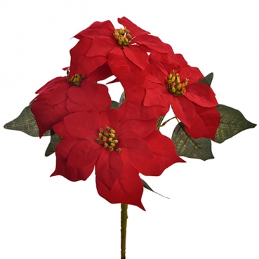 Kunstblume Großer Weihnachtsstern mit 5 Blütenköpfen, samtige Oberfläche in Rot, 44 cm
