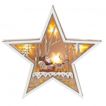 Deko Holz Stern mit LED Beleuchtung, Weihnachtsmann-Motiv, 26 cm