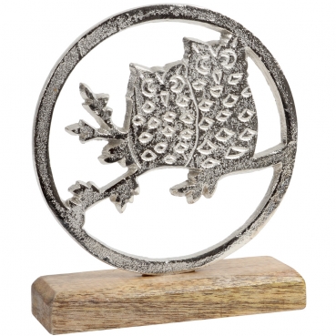 Metall Eulen auf Holzsockel, 18 cm