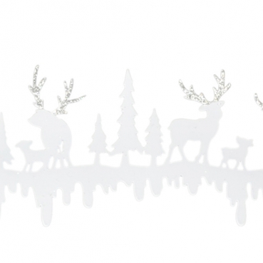 Deko Metall Leiste mit Hirschen & Rehen im Winterwald in Weiß/Silber glitzernd, 50 cm.