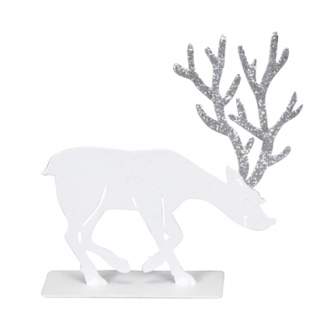 Dekofigur Metall Hirsch, geduckt in Weiß mit Geweih in Silber glitzernd, 15 cm