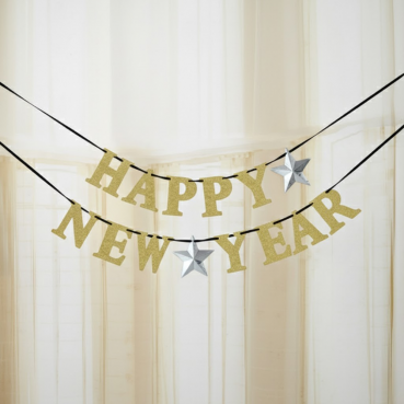 Partykette Silvester, Happy New Year in Gold glitzernd mit Stern
