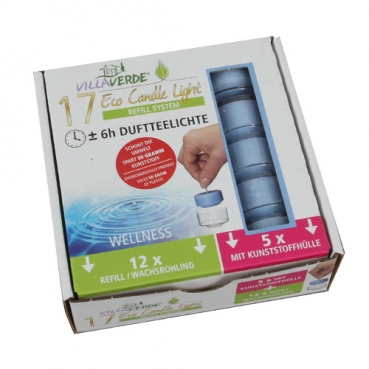 Refill System Starter Set, 17 Duftteelichter Wellness, 5 x mit Hülle, 12 x Wachsrohlinge, 6 h Brenndauer
