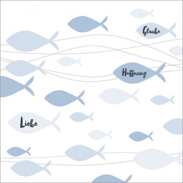 20er Pack Servietten Kommunion, Taufe, Fische -Glaube, Liebe, Hoffnung- in Hellblau, 33 x 33 cm