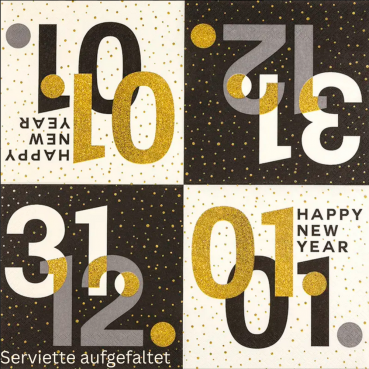 20er Pack Servietten Silvester, Neujahr, Zahlen in Schwarz/Gold, 33 x 33 cm.