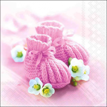 20er Pack Servietten Taufe, Baby Strickschühchen in Rosa, 33 x 33 cm