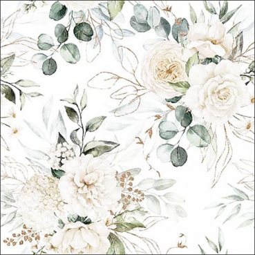 20er Pack Servietten Hochzeit Rosen und Eukalyptus, 33 x 33 cm