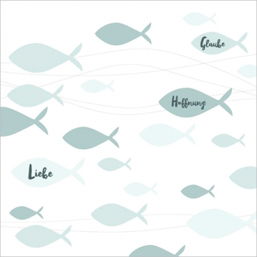 20er Pack Servietten Kommunion, Taufe, Fische -Glaube, Liebe, Hoffnung- in Mintgrün, 33 x 33 cm