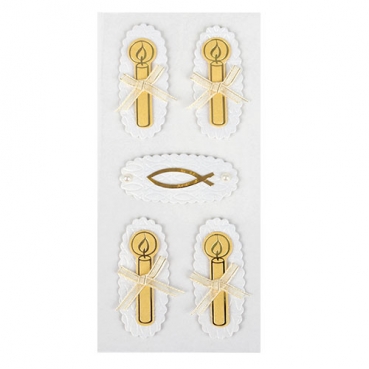 Klebe Sticker Kerze und Fisch mit Textilschleife in Weiß/Gold mit Klebepunkt