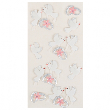 Klebe Sticker Hochzeit, 3D Tauben und Eheringe