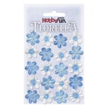 20 Florella Blümchen handgemacht aus Maulbeerpapier in Blau/Weiß, 20 mm