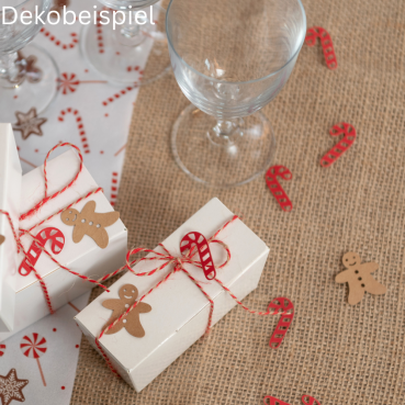 Dekobeispiel  mit den 50 Papier Streuteile Weihnachten, Zuckerstange, Lebkuchenmann, in Rot/Braun.