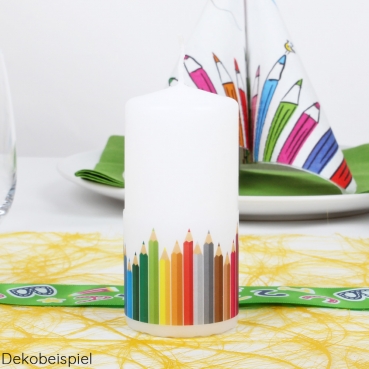Stumpenkerze Einschulung, Schulanfang, Buntstifte, 100 x 50 mm