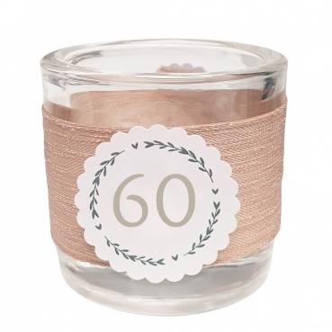 Teelichtglas Geburtstag, Kranz mit auswählbarer Jahreszahl, 65 mm.
