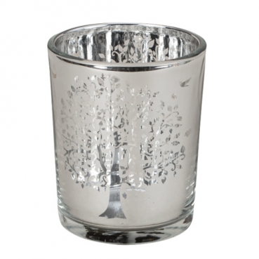 Teelichtglas Lebensbaum in Silber verspiegelt, 67 mm