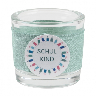 Teelichtglas Einschulung, Schulkind in Eukalyptus, Schriftzug in Petrol, 65 mm