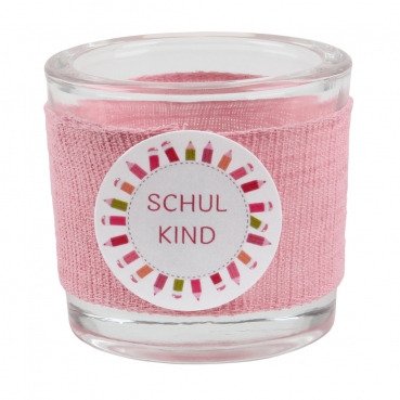 Teelichtglas Einschlung, Schulkind in Rosa, Schriftzug in Pink, 65 mm