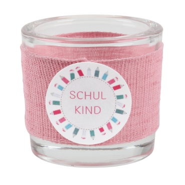 Teelichtglas Einschulung, Schulkind in Rosa, Schriftzug in Rosa, 65 mm