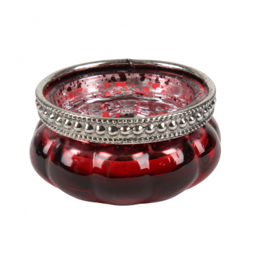 Teelichtglas Vintage in Rot verspiegelt mit Metallrand in Silber, 60 mm