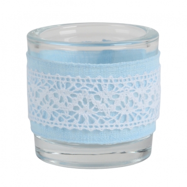 Teelichtglas Vintage mit Band in Hellblau, 65 mm