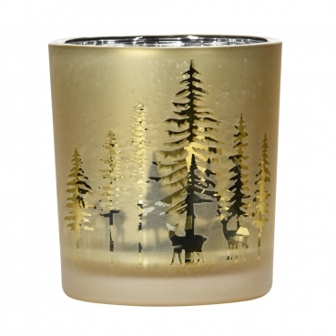 Teelichtglas Winterwald in Gold, innen verspiegelt, 80 mm