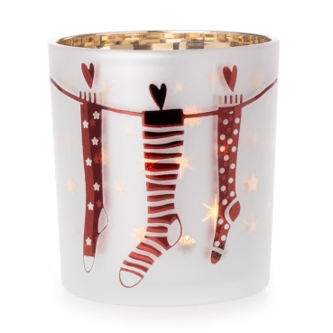 Teelichtglas Weihnachtsstrümpfe in Rot/Weiß, innen verspiegelt, 80 mm