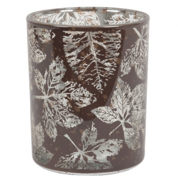 Herbst Teelichtglas Blätter in Dunkelbraun, Silber verspiegelt, 80 mm