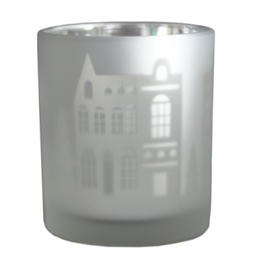 Teelichtglas Haus Silhouette, verspiegelt in Weiß matt, 85 mm