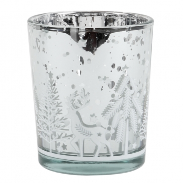 Teelichtglas Winterszene mit Hirsch in Silber verspiegelt, 67 mm