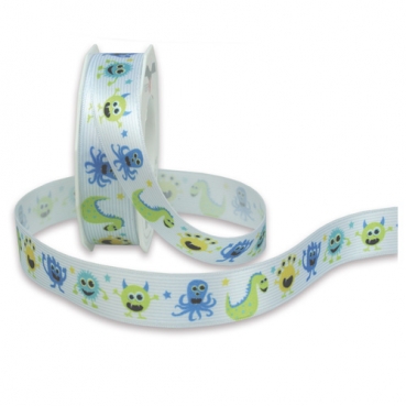 Satin Tischband Fantasy, lustige Monster in Hellblau, 25 mm