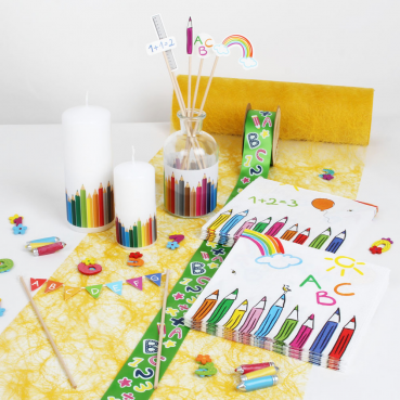 43-teiliges Tischdeko Paket, Set Einschulung, Schulanfang, Schuleinführung "Bunter Schulstart"