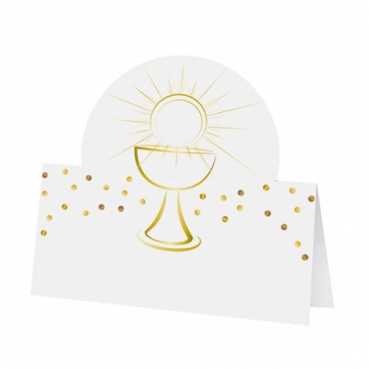 6 Tischkarten Kommunion, Konfirmation, Taufe - Kelch und Sonne in Wollweiß/Gold