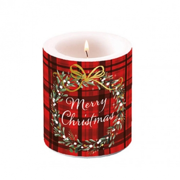 Tischkerze Ring aus Mistelzweigen, Merry Christmas, Schottenmuster, 90 mm, 35 h Brenndauer