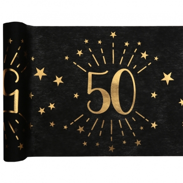 5 Meter Vlies Tischläufer Geburtstag -50- in Schwarz/Gold, 30 cm