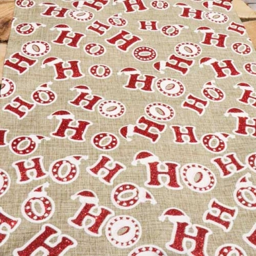 3 Meter Leinen-Optik Tischläufer Weihnachten -HoHoHo- in Hellbraun/Rot glitzernd, 28 cm