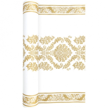 4,9 Meter Airlaid Papier Tischläufer mit Ornamenten in Gold-Weiß, 40 cm