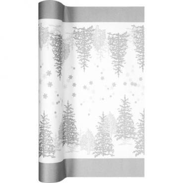 4,9 Meter Airlaid Papier Tischläufer Weihnachten, Winterwald in Silber/Weiß, 40 cm